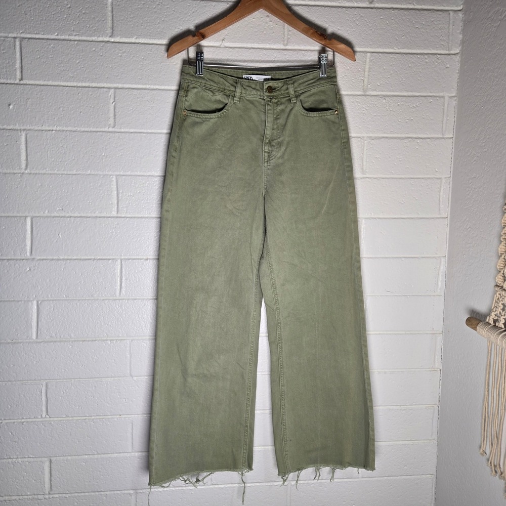 ZARA Womens Wide Leg Jeans Sage Green Denim Raw Hem High Rise 4 S